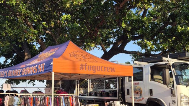Fugu's Dundee Downs NT market stall with the #fugucrew marquee and flag at the Dundee Beach Markets