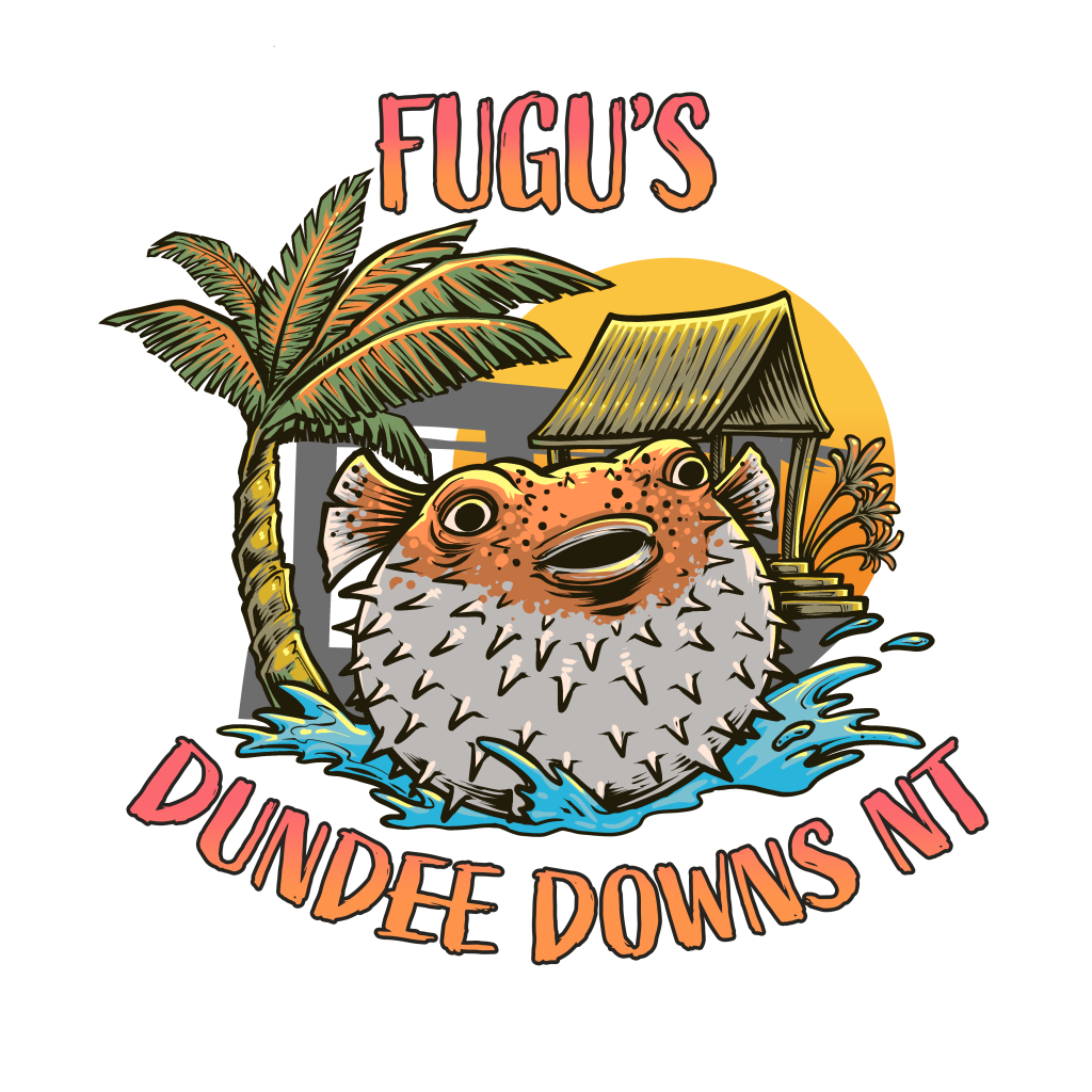 Fugu's Dundee Downs NT logo with a puffer fish, palm tree and Territory sunset