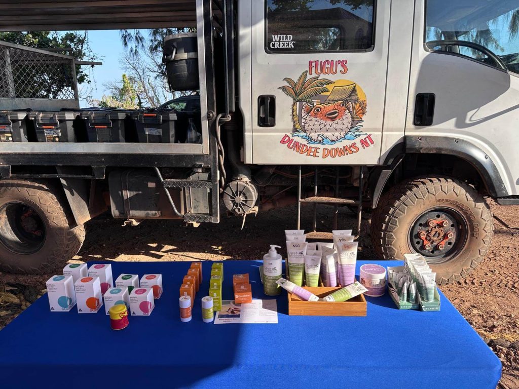 Good Riddance insect repellent and balms on the Fugu's Dundee Downs NT market table at Dundee Beach